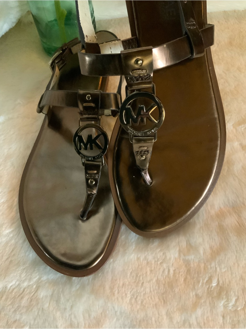 Michael Kors Metallic Brown Logo T-Strap Sandals